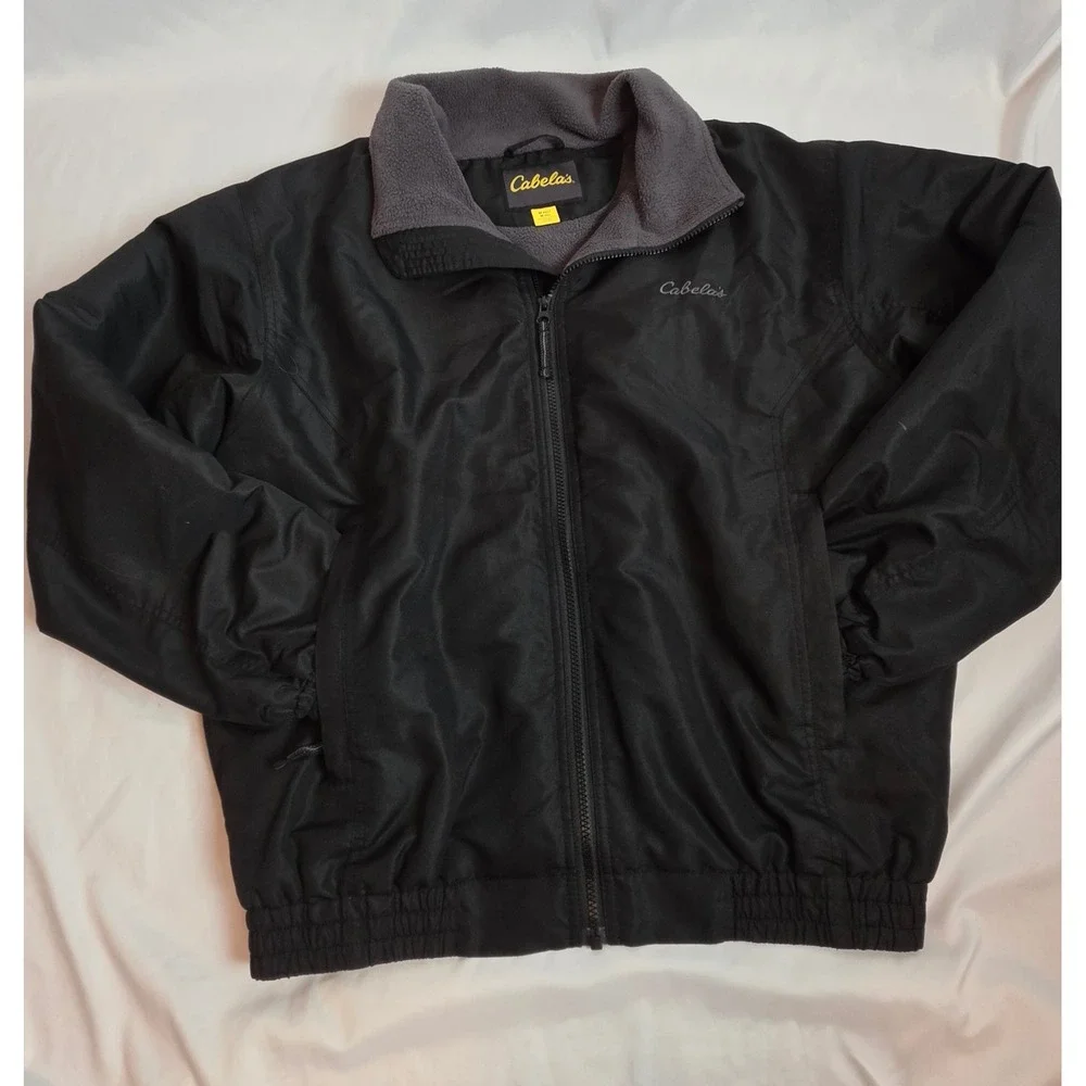 Cabelas Mens 3-Season Bomber Jacket Black Fleece Lined Windbreaker Vintage Y2K M
